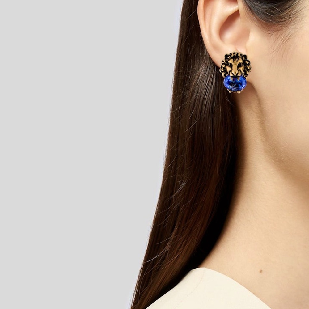 Gucci - Gold Lion Head Earrings with Large Stunning Blue Crystal (Clip On) - Picture 2 of 3